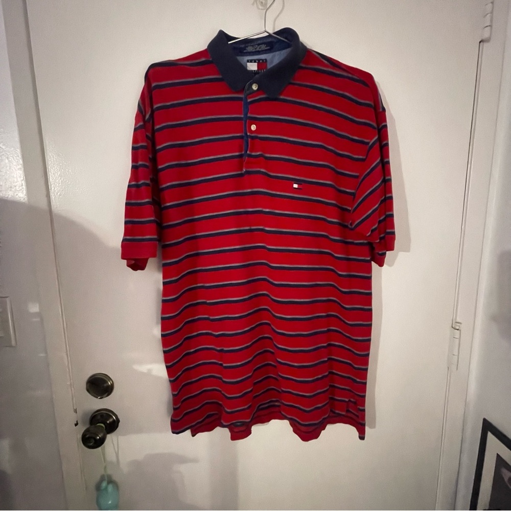 Tommy Hilfiger Men's Polo Shirt in Red and Blue Stripes